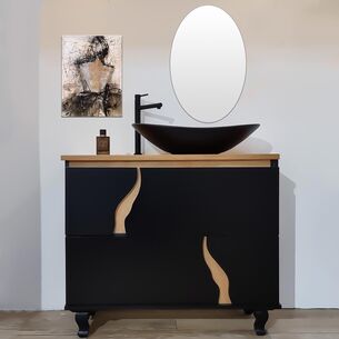 ארון אמבטיה עומד לפי מידה רוחב עומק וצבע לפי בחירתך עם משטח עץ מלא להנחת כיור מונח דגם הודו