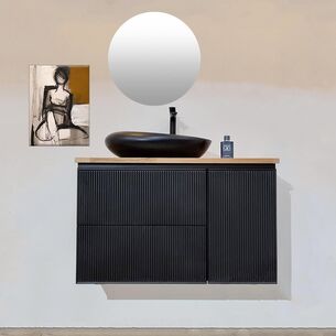 ארון אמבטיה תלוי לפי מידה רוחב עומק וצבע לפי בחירתך עם משטח עץ מלא להנחת כיור מונח דגם תאימז