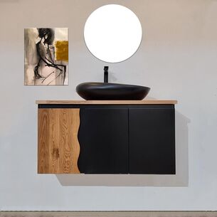 ארון אמבטיה תלוי לפי מידה רוחב עומק וצבע לפי בחירתך עם משטח עץ מלא להנחת כיור מונח דגם מיאמי