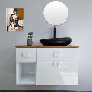 ארון אמבטיה תלוי לפי מידה רוחב עומק וצבע לפי בחירתך עם משטח עץ מלא להנחת כיור מונח דגם קלן