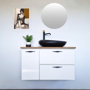 ארון אמבטיה תלוי לפי מידה רוחב עומק וצבע לפי בחירתך עם משטח עץ מלא להנחת כיור מונח דגם דובאי