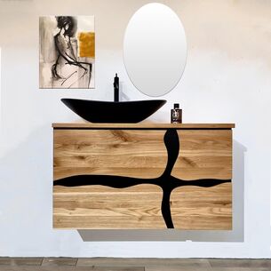 ארון אמבטיה תלוי לפי מידה רוחב עומק וצבע דופן לפי בחירתך עשוי מעץ מלא אלון מבוקע עם משטח להנחת כיור מונח דגם לאציו