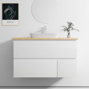 ארון אמבטיה תלוי רוחב 60, 80 ס"מ בעומק 46 ס"מ צבע לבן מט לבחירתך עם משטח עץ מלא להנחת כיור מונח דגם סוהו W