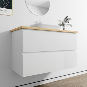 ארון אמבטיה תלוי רוחב 60, 80 ס"מ בעומק 46 ס"מ צבע לבן מט לבחירתך עם משטח עץ מלא להנחת כיור מונח דגם סוהו W