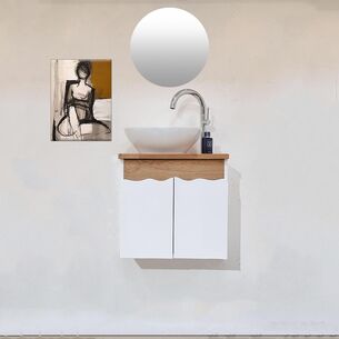 ארון אמבטיה תלוי לפי מידה רוחב עומק וצבע לפי בחירתך עם משטח עץ מלא להנחת כיור מונח דגם קימי