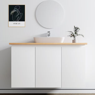 ארון אמבטיה תלוי רוחב 80, 100 ס"מ בעומק 46 ס"מ צבע לבן או שחור מט לבחירתך עם משטח עץ מלא להנחת כיור מונח דגם סופיה W