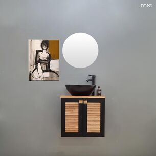 ארון אמבטיה תלוי רוחב 55 ס"מ בעומק 33 ס"מ צבע שחור מט עם משטח עץ מלא להנחת כיור מונח דגם זארה 55