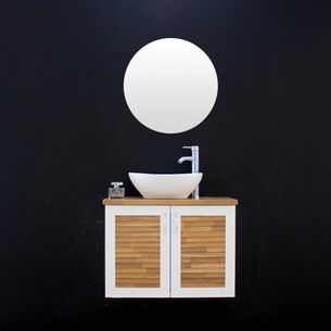 ארון אמבטיה תלוי לפי מידה רוחב עומק וצבע לפי בחירתך עם משטח עץ מלא להנחת כיור מונח דגם ניביאר