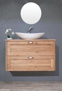 ארון אמבטיה תלוי לפי מידה רוחב ועומק לפי בחירתך עשוי מעץ מלא אלון מבוקע עם משטח להנחת כיור מונח דגם פלמן A