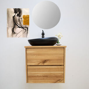 ארון אמבטיה תלוי רוחב 60 ס"מ בעומק 46 ס"מ עשוי מעץ מלא אלון מבוקע עם משטח עץ מלא להנחת כיור מונח דגם ויסלר