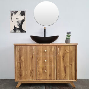 ארון אמבטיה עומד לפי מידה רוחב ועומק לפי בחירתך עשוי מעץ מלא אלון מבוקע עם משטח להנחת כיור מונח דגם קורי