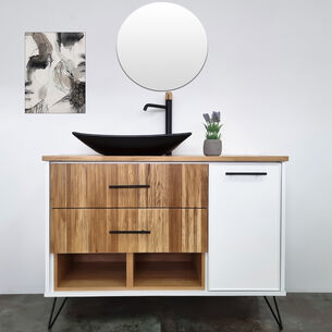 ארון אמבטיה עומד לפי מידה רוחב עומק וצבע לפי בחירתך עם משטח עץ מלא להנחת כיור מונח דגם טורנטו