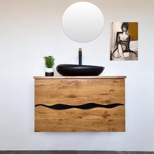 ארון אמבטיה תלוי לפי מידה רוחב עומק וצבע דופן לפי בחירתך עשוי מעץ מלא אלון מבוקע עם משטח להנחת כיור מונח דגם גלי