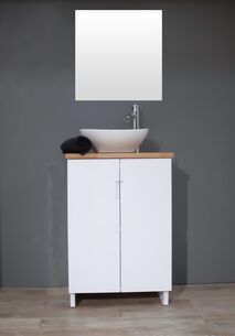 ארון אמבטיה עומד לפי מידה רוחב עומק וצבע לפי בחירתך עם משטח עץ מלא להנחת כיור מונח דגם מאנוס