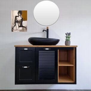 ארון אמבטיה תלוי לפי מידה רוחב עומק וצבע לפי בחירתך עם משטח עץ מלא להנחת כיור מונח דגם פוזה