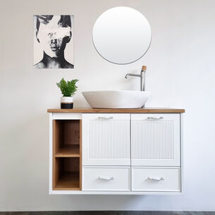 ארון אמבטיה תלוי לפי מידה רוחב עומק וצבע לפי בחירתך עם משטח עץ מלא להנחת כיור מונח דגם פוסן