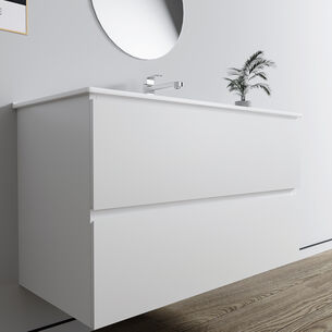 ארון אמבטיה תלוי רוחב 60, 80, 100 ס"מ בעומק 46 ס"מ צבע לבן או שחור מט לבחירתך עם כיור משטח חרס שקוע דגם פניקס W