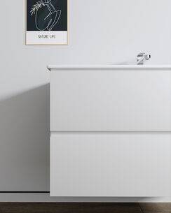 ארון אמבטיה תלוי רוחב 60, 80, 100 ס"מ בעומק 46 ס"מ צבע לבן או שחור מט לבחירתך עם כיור משטח חרס שקוע דגם פניקס W