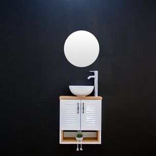 ארון אמבטיה תלוי רוחב 47 ס"מ בעומק 24 ס"מ צבע לבן מבריק עם משטח עץ מלא להנחת כיור מונח דגם הארבן