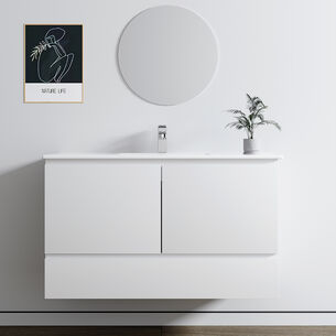 ארון אמבטיה תלוי רוחב 60, 80, 100 ס"מ לבחירתך בעומק 46 ס"מ צבע לבן מט עם כיור משטח חרס שקוע דגם אלבנית