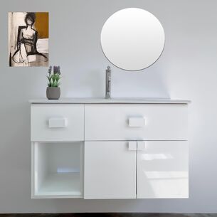 ארון אמבטיה תלוי לפי מידה רוחב עומק וצבע לפי בחירתך עם כיור משטח חרס שקוע דגם ברמן