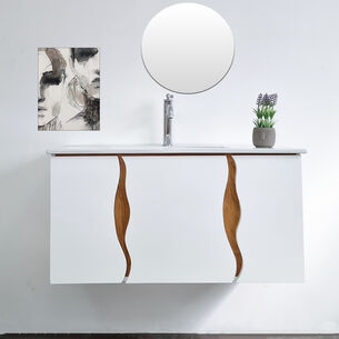 ארון אמבטיה תלוי לפי מידה רוחב עומק וצבע לפי בחירתך עם כיור משטח חרס שקוע דגם ברגאמו