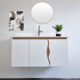 ארון אמבטיה תלוי לפי מידה רוחב עומק וצבע לפי בחירתך עם כיור משטח חרס שקוע דגם סאנדי