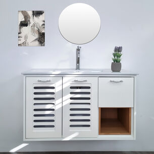 ארון אמבטיה תלוי לפי מידה רוחב וצבע לפי בחירתך עם כיור משטח חרס שקוע דגם פרח