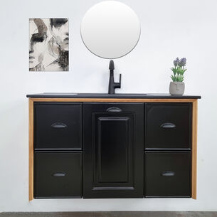 ארון אמבטיה תלוי לפי מידה רוחב עומק וצבע לפי בחירתך עם כיור משטח חרס שקוע דגם בון