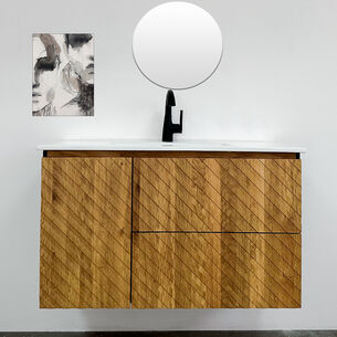 ארון אמבטיה תלוי לפי מידה רוחב עומק וצבע דופן לפי בחירתך עשוי מעץ מלא אלון מבוקע עם כיור משטח חרס שקוע דגם אוקסאק