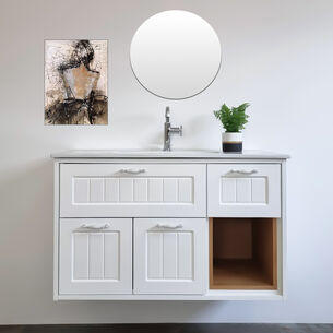 ארון אמבטיה תלוי לפי מידה רוחב וצבע לפי בחירתך עם כיור משטח חרס שקוע דגם ויקטוריה