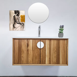 ארון אמבטיה תלוי לפי מידה רוחב עומק לפי בחירתך עשוי מעץ מלא אלון מבוקע עם כיור משטח חרס שקוע דגם אטלנטה