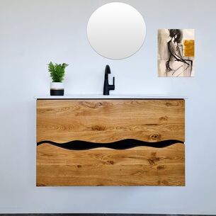 ארון אמבטיה תלוי לפי מידה רוחב ועומק וצבע דופן לפי בחירתך עשוי מעץ מלא אלון מבוקע עם כיור משטח חרס שקוע דגם גליל