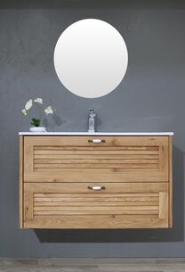 ארון אמבטיה תלוי לפי מידה רוחב ועומק לפי בחירתך עשוי מעץ מלא אלון מבוקע עם כיור משטח חרס שקוע דגם ביקה