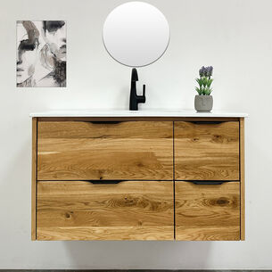 ארון אמבטיה תלוי לפי מידה רוחב ועומק לפי בחירתך עשוי מעץ מלא אלון מבוקע עם כיור משטח חרס שקוע דגם גרונה