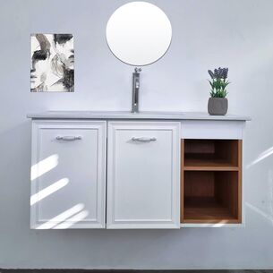 ארון אמבטיה תלוי לפי מידה רוחב וצבע לפי בחירתך עם כיור משטח חרס שקוע דגם דנוב