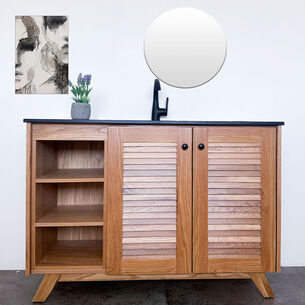 ארון אמבטיה עומד לפי מידה רוחב עומק לפי בחירתך עשוי מעץ מלא אלון מבוקע עם כיור משטח חרס שקוע דגם איסטנבול