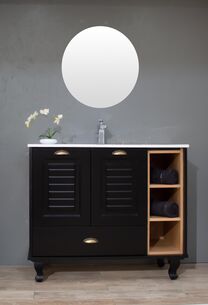 ארון אמבטיה עומד לפי מידה רוחב עומק וצבע לפי בחירתך עם כיור משטח חרס שקוע דגם רוסטה