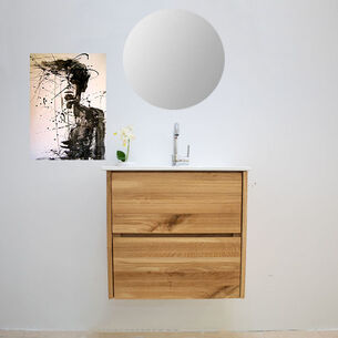 ארון אמבטיה תלוי רוחב 60 ס"מ בעומק 46 ס"מ עשוי מעץ מלא אלון מבוקע עם כיור משטח חרס שקוע דגם בארי