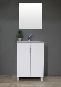 ארון אמבטיה עומד לפי מידה רוחב עומק וצבע לפי בחירתך עם כיור משטח חרס שקוע דגם סריפוס