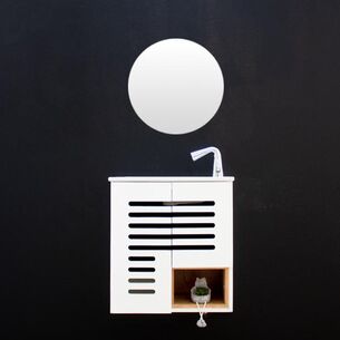 ארון אמבטיה תלוי רוחב 55 ס"מ בעומק 33 ס"מ צבע לבן מבריק עם כיור משטח חרס שקוע דגם יורק