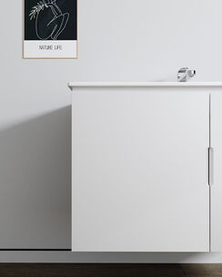 ארון אמבטיה תלוי רוחב 60, 80, 100 ס"מ בעומק 46 ס"מ צבע לבן או שחור מט לבחירתך עם כיור משטח חרס שקוע דגם יהלום W