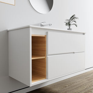 ארון אמבטיה תלוי רוחב 100 ס"מ בעומק 46 ס"מ צבע לבן מט עם כיור משטח חרס שקוע דגם וירונה W