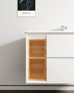 ארון אמבטיה תלוי רוחב 80, 100 ס"מ בעומק 46 ס"מ צבע לבן מט לבחירתך עם כיור משטח חרס שקוע דגם סיגמא W