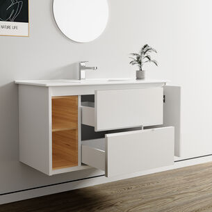 ארון אמבטיה תלוי רוחב 80, 100 ס"מ בעומק 46 ס"מ צבע לבן מט לבחירתך עם כיור משטח חרס שקוע דגם סיגמא W