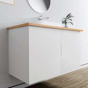 ארון אמבטיה תלוי רוחב 60, 80, 100 ס"מ בעומק 46 ס"מ צבע לבן או שחור מט לבחירתך עם משטח עץ מלא להנחת כיור מונח דגם יוון W