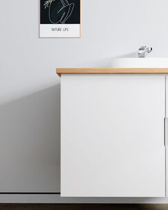 ארון אמבטיה תלוי רוחב 60, 80, 100 ס"מ בעומק 46 ס"מ צבע לבן או שחור מט לבחירתך עם משטח עץ מלא להנחת כיור מונח דגם יוון W