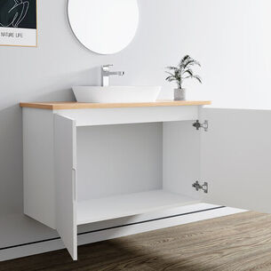 ארון אמבטיה תלוי רוחב 60, 80, 100 ס"מ בעומק 46 ס"מ צבע לבן או שחור מט לבחירתך עם משטח עץ מלא להנחת כיור מונח דגם יוון W