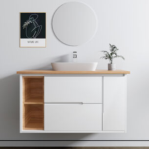 ארון אמבטיה תלוי רוחב 80, 100 ס"מ בעומק 46 ס"מ צבע לבן מט לבחירתך עם משטח עץ מלא להנחת כיור מונח דגם מון W