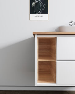 ארון אמבטיה תלוי רוחב 80, 100 ס"מ בעומק 46 ס"מ צבע לבן מט לבחירתך עם משטח עץ מלא להנחת כיור מונח דגם מון W